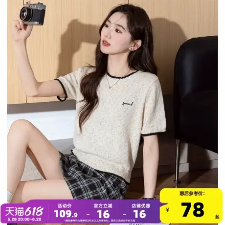 唐狮25夏季新款针织衫短袖女温柔花纱撞色边套头上衣女Y图片