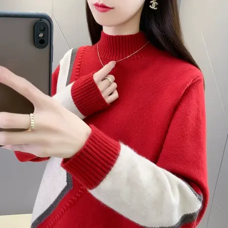 冬季拼色拼接半高领毛衣女新款洋气百搭宽松套头长袖针织上衣加厚商品大图