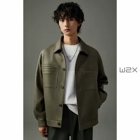 w2x春秋季美式复古皮衣男高级感痞帅休闲PU夹克外套时尚秋装上衣商品大图