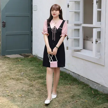 2023年夏装新款减龄桔梗大码微胖mm雪纺连衣裙短袖收腰显瘦A字裙商品大图