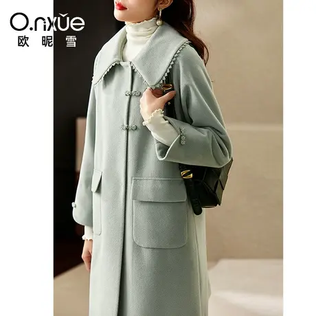 欧昵雪2023冬季新品翻领毛呢外套女插肩袖宽松显瘦中长款呢子大衣商品大图