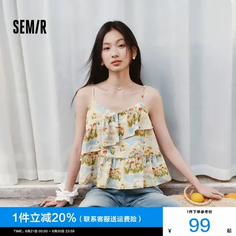 森马衬衫女短款修身荷叶边度假风2025夏新款碎花满印吊带小衫俏皮图片
