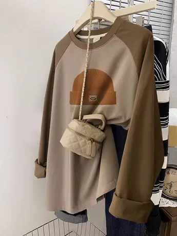 复古春秋打底衫胖mm大码插肩袖正肩长袖t恤女ins休闲纯棉内搭上衣商品大图