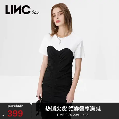 LINCCHIC金羽杰连衣裙拼接针织长款抽褶修身连衣裙女S222DR393图片