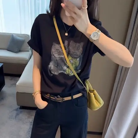 百搭时尚猫咪印花短袖t恤女2025新款夏季韩版休闲宽松显瘦上衣潮图片
