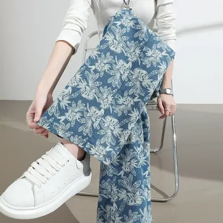 设计感印花阔腿牛仔裤女2025春秋季新款百搭高腰宽松显瘦直筒裤子商品大图
