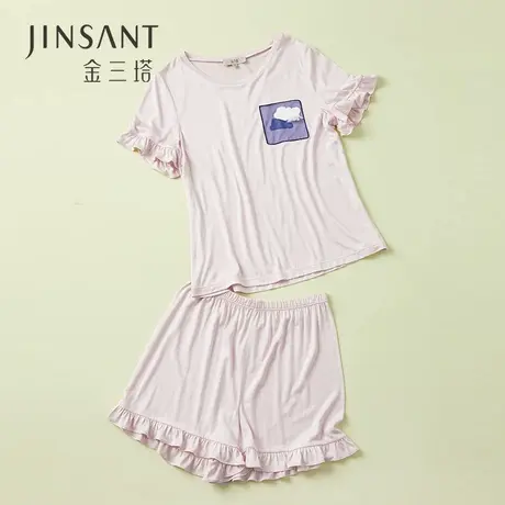 金三塔2022春夏新品 少女真丝短袖衣裤套可外穿家居服衣裤套装商品大图