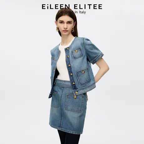 朗姿欧洲EiLEEN ELITEE2025秋新款时尚纯棉圆领短袖牛仔短外套女图片