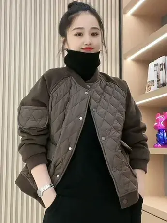 欧货菱格棉服2022秋冬季新款时尚设计感拼接洋气休闲宽松棉衣外套图片