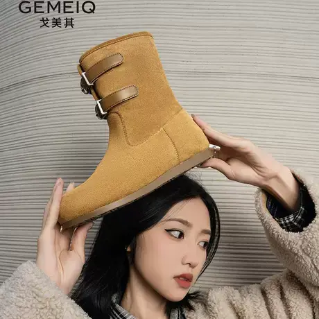 戈美其绒面雪地靴女2024新款秋冬双皮带扣勃肯中筒靴百搭马丁女靴商品大图
