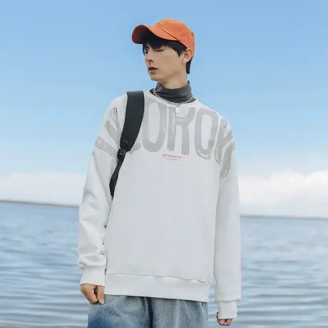 男士白色印花卫衣男春秋季圆领2023新款休闲打底衫上衣长袖套头衫商品大图