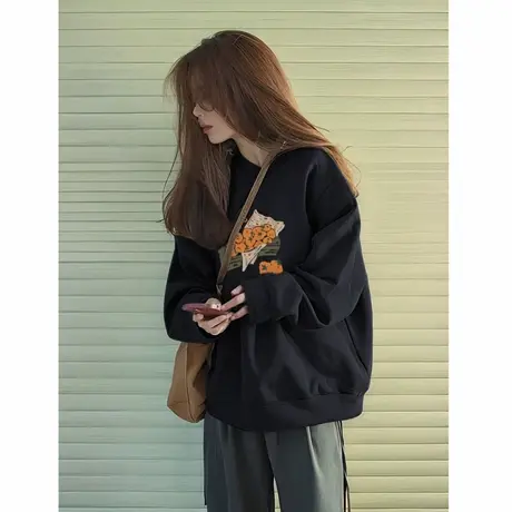黑色卫衣女2025年秋季新款爆款宽松显瘦冬季加绒加厚圆领长袖上衣商品大图
