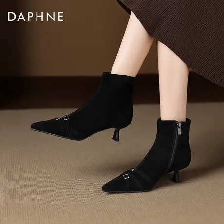 达芙妮羊皮细高跟短靴女2026新款冬季加绒尖头瘦瘦靴子女士马丁靴图片