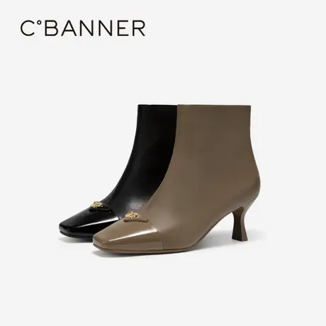 千百度蝴蝶扣式细高跟时装靴女百搭冬季气质拼接羊皮尖头短靴子图片
