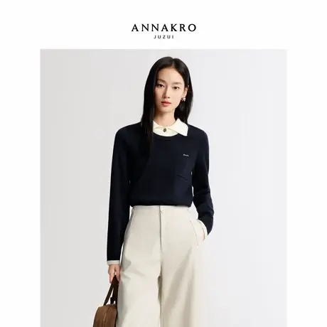 玖姿安娜蔻MIU系学院风撞色翻领假两件长袖毛衫女2026春季新款图片