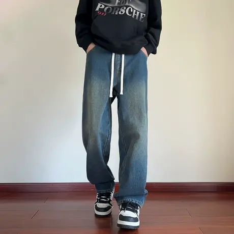 唐狮秋冬季牛仔裤男抽绳碳黑色直筒长裤美式高街复古潮流加绒TUTA图片