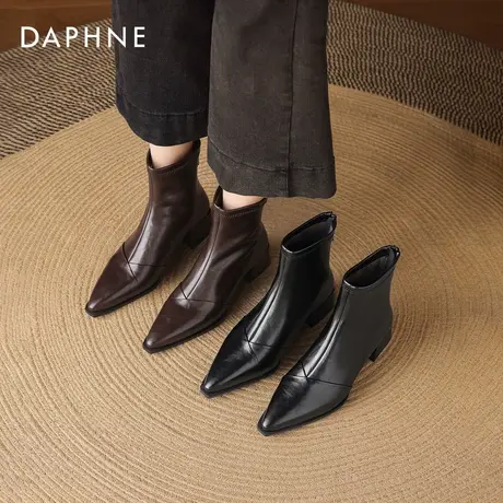 达芙妮尖头短靴女2026新款冬季加绒皮靴粗跟马丁靴法式复古瘦瘦靴商品大图
