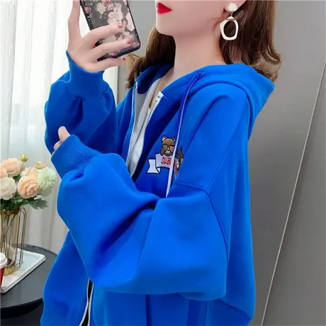 网红ins刺绣连帽卫衣开衫女秋季2022新款宽松慵懒风百搭上衣外套商品大图