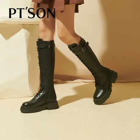 百田森骑士长靴女秋冬新款靴女西部高筒靴皮带扣帅气厚底长靴图片