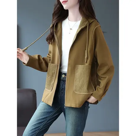 宝诗黎连帽针织拼接宽松外套纯色长袖女装2023年秋季新款口袋上衣商品大图