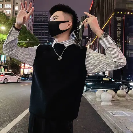 假两件毛衣男秋冬季小众轻熟风条纹拼接衬衫领修身轻熟针织衫上衣商品大图