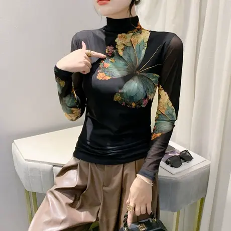 欧货网纱拼接T恤女长袖加绒加厚半高领上衣洋气修身秋冬款打底衫商品大图