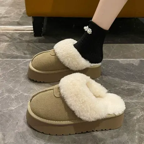 羊毛拖鞋女外穿2023新款冬季皮毛一体厚底包头毛毛拖鞋加绒雪地靴商品大图