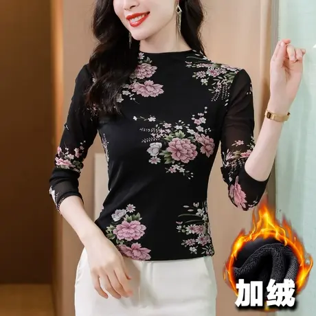 黑色加绒打底衫女2023新款秋冬半高领内搭网纱蕾丝t恤长袖上衣厚商品大图