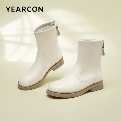 意尔康女鞋2023冬季新款粗跟中筒小个子加绒皮靴女士英伦风高级感图片