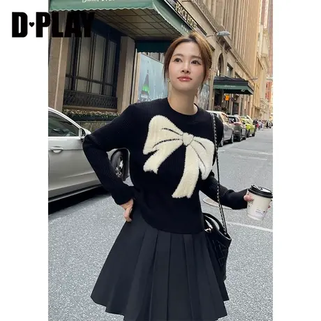 DPLAY2023冬在逃公主黑拼白撞色蝴蝶结提花加厚高腰针织套头毛衣商品大图