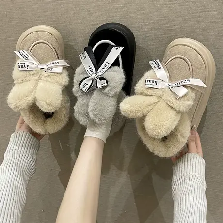 包跟棉鞋女冬季室内居家可爱蝴蝶结兔耳朵厚底加绒保暖外穿雪地靴商品大图