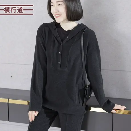 2023冬季新款简约休闲连帽纯色宽松落肩纽扣长袖女大码外穿上衣服图片