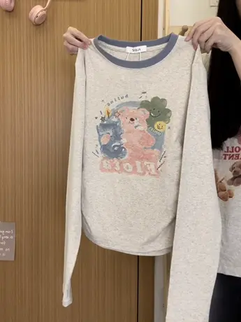 红续可爱涂鸦小熊拼色长袖T恤女日系甜妹风收腰内搭上衣秋冬新款图片