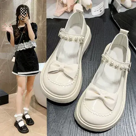 复古英伦风小皮鞋女jk2023春夏新款珍珠仙女一字带厚底玛丽珍单鞋商品大图
