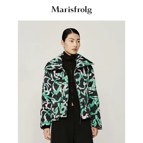 【截短式羽绒服】玛丝菲尔冬季新款花稿印花大白鹅拉链立领羽绒服图片