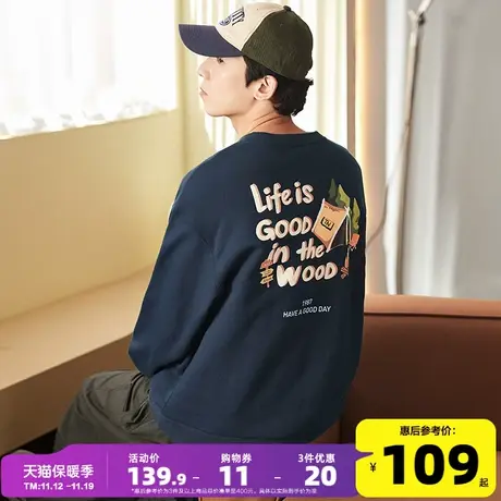 唐狮2023春秋冬季新款圆领卫衣男士加绒后背印花宽松外套上衣潮牌图片