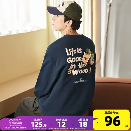 唐狮2023春秋冬季新款圆领卫衣男士加绒后背印花宽松外套上衣潮牌商品大图
