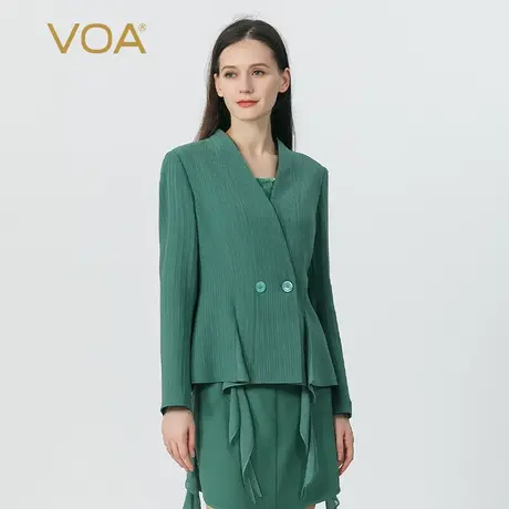 VOA碧绿色41姆米条纹重磅桑蚕丝V领长袖双排扣简约风真丝西服外套图片