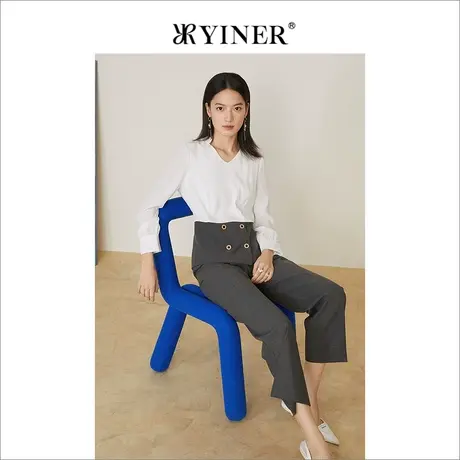 YINER音儿女装2022春季新款撞色拼接金属纽扣V领衬衫商品大图