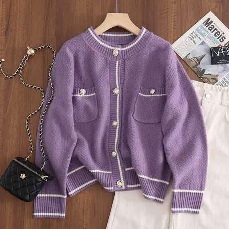 23091新款韩版宽松圆领开衫纽扣针织衫上衣长袖打底衫百搭毛衣商品大图