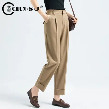 休闲西装裤女直筒高腰显瘦翻边春秋款女裤烟管九分裤子宽松哈伦裤图片