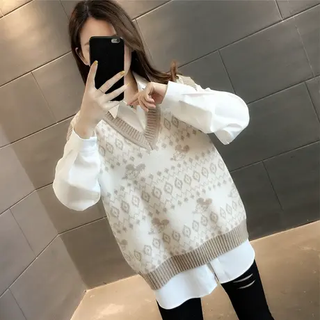提花针织背心马甲女装秋冬2023新款韩版宽松外穿洋气v领毛衣马夹商品大图