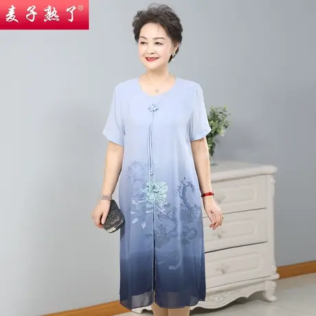 中年女夏装连衣裙妈妈装雪纺短袖印花裙子中老年女连衣裙2022新款图片