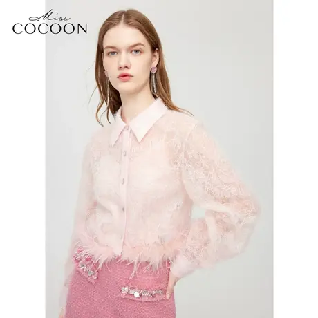【秋上新】missCOCOON重工羽毛蕾丝上衣2023秋装新款女装翻领衬衫图片