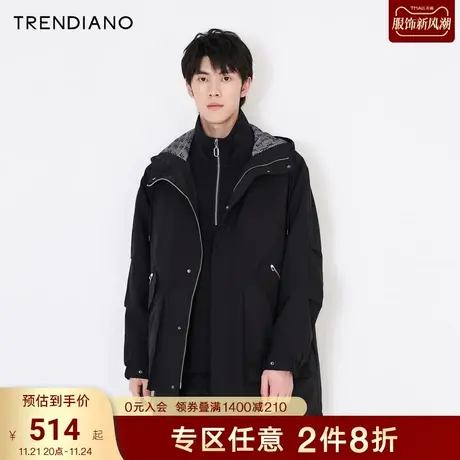 TRENDIANO官方潮牌秋冬男装时尚简约可拆卸内胆夹棉连帽长外套男商品大图