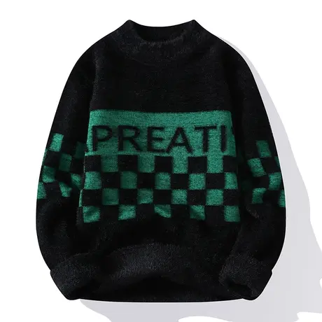 格子毛衣男士潮流休闲个性2024秋冬季水貂绒针织衫长袖打底衫男装商品大图