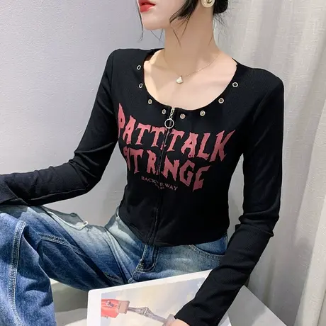 网红高腰T恤女长袖2023秋新款拉链开衫设计感印花上衣修身打底衫商品大图