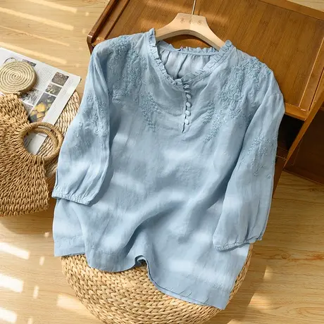 享永子七分袖刺绣苎麻上衣文艺复古棉麻T恤宽松休闲百搭2024新款商品大图
