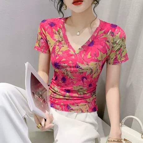 复古印花短袖T恤女2024夏季新款时尚洋气小衫性感V领网纱上衣半袖商品大图