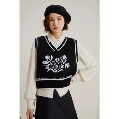 弥古复古提花黑色针织马甲女春秋外穿叠穿毛衣背心无袖小坎肩上衣商品大图